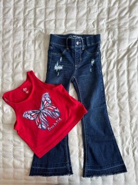Wonder Nation Flare Jeggings & Butterfly Tank Outfit Set Girls XS 4/5 VGUC